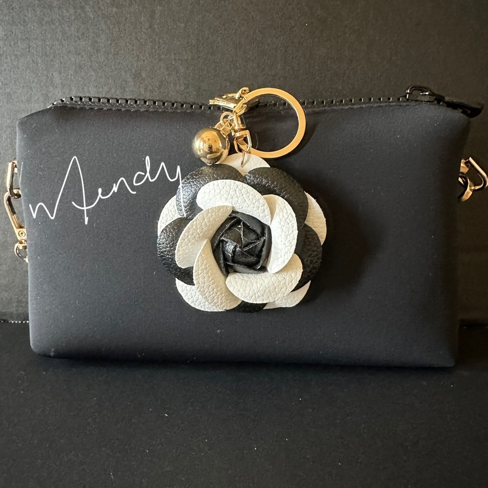 Camellia Black & White Flower Purse Bag Bling Sparkle BagCharm/Keychain